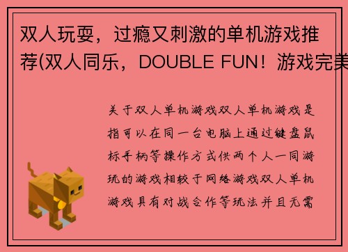 双人玩耍，过瘾又刺激的单机游戏推荐(双人同乐，DOUBLE FUN！游戏完美推荐)