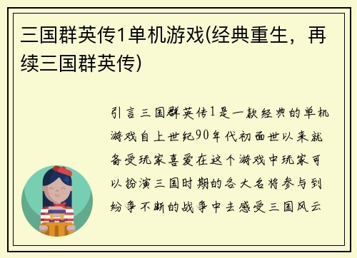 三国群英传1单机游戏(经典重生，再续三国群英传)